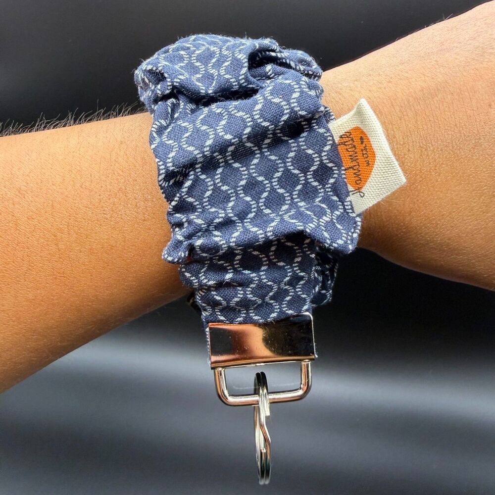 Handmade One Sz Scrunchie Key Fob Wristlet Unisex Navy Geometric Cotton KeyRing